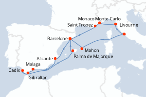 Carte itinéraire croisière  - 14 jours au départ de Barcelone - Méditerranée