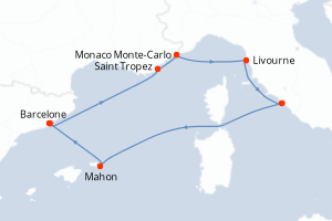 Carte itinéraire croisière - 7 jours au départ de Barcelone - Méditerranée