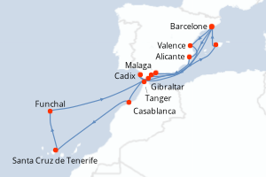 Carte itinéraire croisière  - 18 jours au départ de Barcelone - Méditerranée