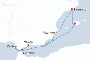Carte itinéraire croisière - 7 jours au départ de Barcelone - Méditerranée