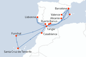 Carte itinéraire croisière  - 20 jours au départ de Barcelone - Méditerranée