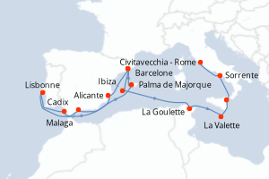 Carte itinéraire croisière  - 16 jours au départ de Barcelone - Méditerranée