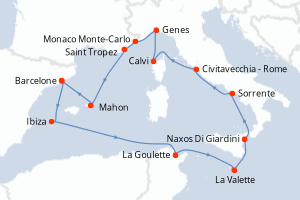 Carte itinéraire croisière  - 14 jours au départ de Barcelone - Méditerranée