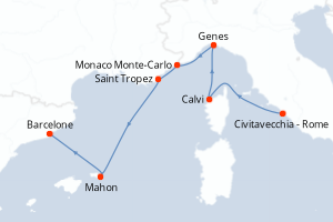 Carte itinéraire croisière - 7 jours au départ de Civitavecchia - Rome - Méditerranée