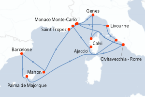 Carte itinéraire croisière  - 16 jours au départ de Civitavecchia - Rome - Méditerranée