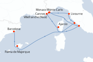 Carte itinéraire croisière  - 9 jours au départ de Barcelone - Méditerranée