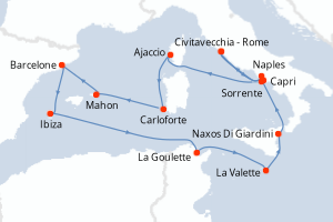 Carte itinéraire croisière - 13 jours au départ de Civitavecchia - Rome - Méditerranée