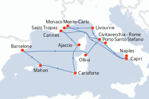 Carte itinéraire croisière - 14 jours au départ de Barcelone - Méditerranée
