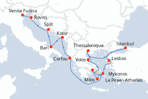 Carte itinéraire croisière  - 15 jours au départ de Le Piree - Athenes - Méditerranée