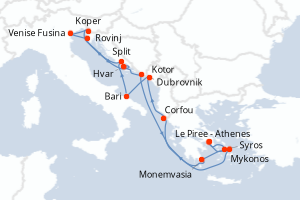 Carte itinéraire croisière  - 15 jours au départ de Le Piree - Athenes - Méditerranée