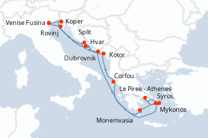 Carte itinéraire croisière  - 14 jours au départ de Venise Fusina - Méditerranée