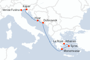 Carte itinéraire croisière - 7 jours au départ de Venise Fusina - Méditerranée