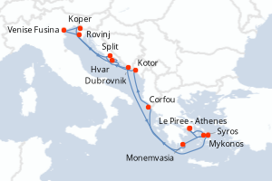 Carte itinéraire croisière  - 14 jours au départ de Le Piree - Athenes - Méditerranée
