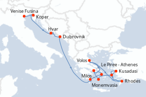 Carte itinéraire croisière  - 14 jours au départ de Venise Fusina - Méditerranée