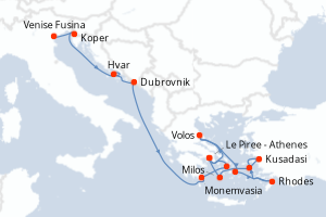Carte itinéraire croisière  - 14 jours au départ de Venise Fusina - Méditerranée