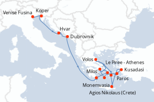 Carte itinéraire croisière - 14 jours au départ de Venise Fusina - Méditerranée