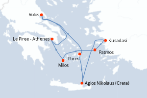 Carte itinéraire croisière - 7 jours au départ de Le Piree - Athenes - Méditerranée