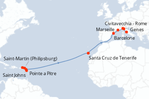 Carte itinéraire croisière  - 17 jours au départ de Pointe a Pitre - Transatlantique