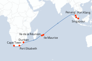 Carte itinéraire croisière - 21 jours au départ de Singapour - Afrique du Sud