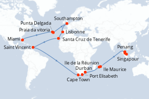 Carte itinéraire croisière - 50 jours au départ de Miami - Asie