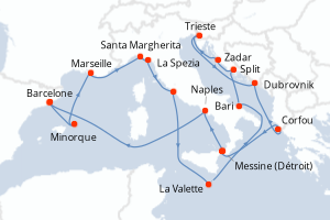 Carte itinéraire croisière - 21 jours au départ de Barcelone - Méditerranée