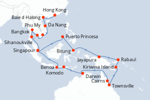 Carte itinéraire croisière - 42 jours au départ de Hong Kong - Asie