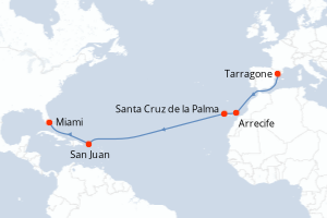 Carte itinéraire croisière - 14 jours au départ de Tarragone - Transatlantique