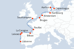 Carte itinéraire croisière  - 14 jours au départ de Lisbonne - Europe du Nord