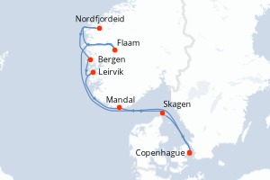 Carte itinéraire croisière  - 8 jours au départ de Copenhague - Europe du Nord