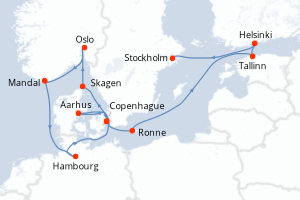 Carte itinéraire croisière  - 14 jours au départ de Copenhague - Europe du Nord