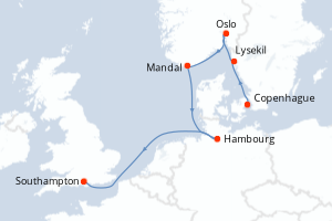 Carte itinéraire croisière  - 7 jours au départ de Copenhague - Europe du Nord
