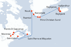 Carte itinéraire croisière - 18 jours au départ de Reykjavik - Amérique du Nord