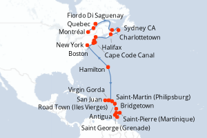 Carte itinéraire croisière - 26 jours au départ de Montréal - Caraïbes Bahamas