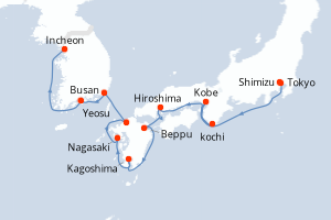 Carte itinéraire croisière - 14 jours au départ de Tokyo - Asie