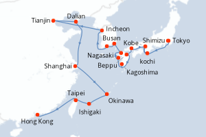 Carte itinéraire croisière - 29 jours au départ de Tokyo - Asie