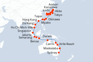 Carte itinéraire croisière  - 48 jours au départ de Sydney - Asie