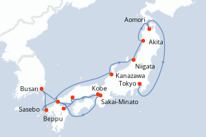 Carte itinéraire croisière  - 14 jours au départ de Kobe - Asie