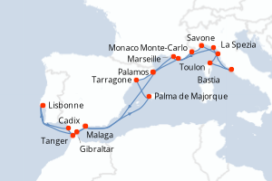 Carte itinéraire croisière  - 21 jours au départ de Lisbonne - Atlantique