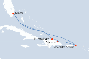 Carte itinéraire croisière - 7 jours au départ de Miami - Caraïbes Bahamas