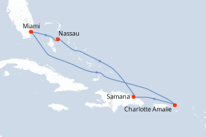 Carte itinéraire croisière - 7 jours au départ de Miami - Caraïbes Bahamas