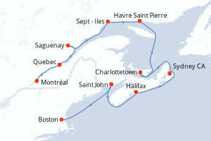 Carte itinéraire croisière  - 11 jours au départ de Montréal - Amérique du Nord