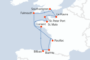 Carte itinéraire croisière - 12 jours au départ de Southampton - Europe du Nord