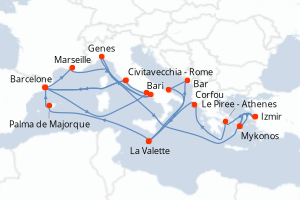 Carte itinéraire croisière - 10 jours au départ de Civitavecchia - Rome - Méditerranée
