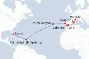 Carte itinéraire croisière  - 17 jours au départ de Miami - Transatlantique