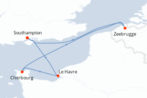 Carte itinéraire croisière - 5 jours au départ de Southampton - Europe du Nord