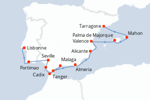 Carte itinéraire croisière - 14 jours au départ de Lisbonne - Méditerranée