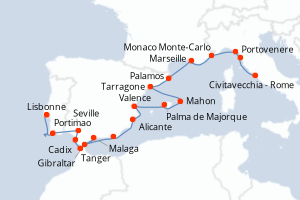 Carte itinéraire croisière - 21 jours au départ de Lisbonne - Méditerranée