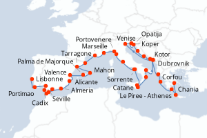 Carte itinéraire croisière - 42 jours au départ de Lisbonne - Méditerranée