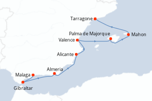 Carte itinéraire croisière - 7 jours au départ de Malaga - Méditerranée