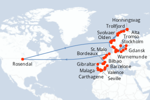 Carte itinéraire croisière - 47 jours au départ de Barcelone - Tour du Monde